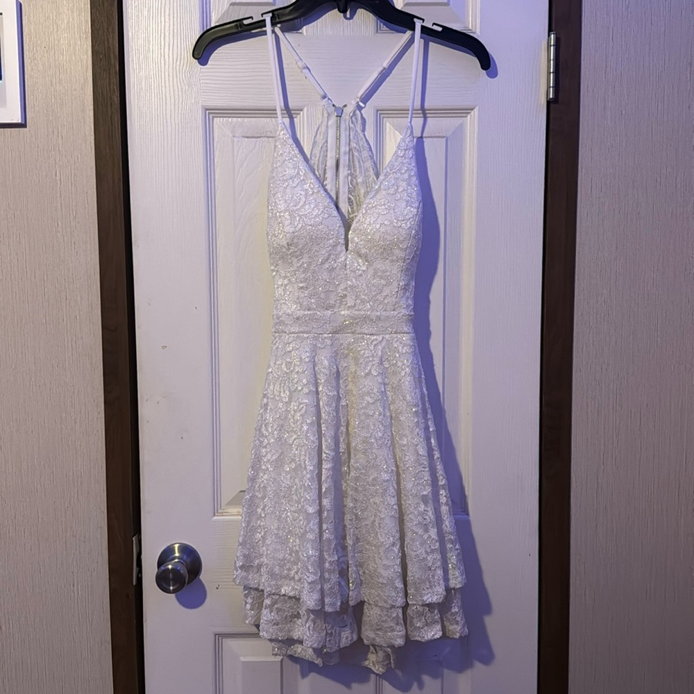 White sparkly lace mini dress